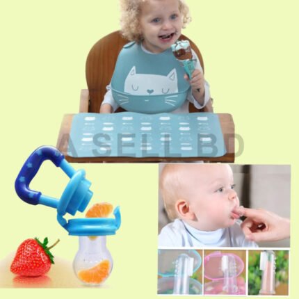 3Pcs Baby Feeding Combo Set | Baby Bibs | Silicon Finger Brush | Baby Fruit Feeder